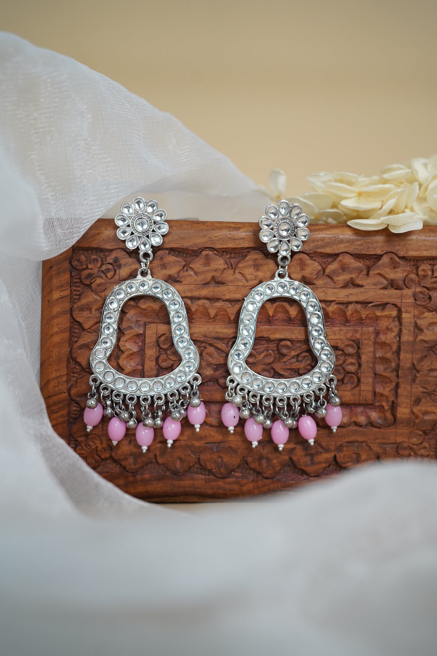 Silver Earring Bezel / Jumkha with Beads & Mirror