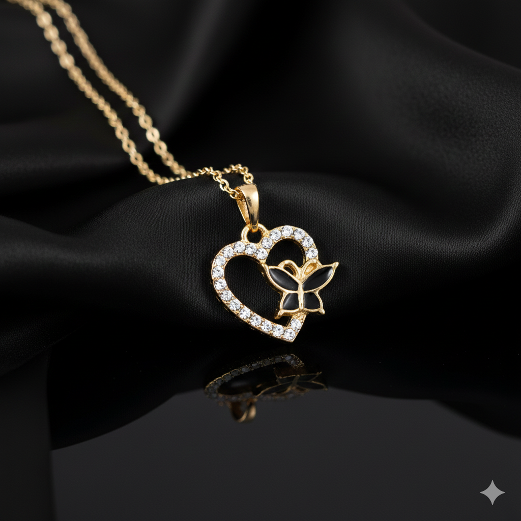 5Pcs Heart With Butterfly Charm Bezels With Black Enamel.(RBZ287) (GOLD)