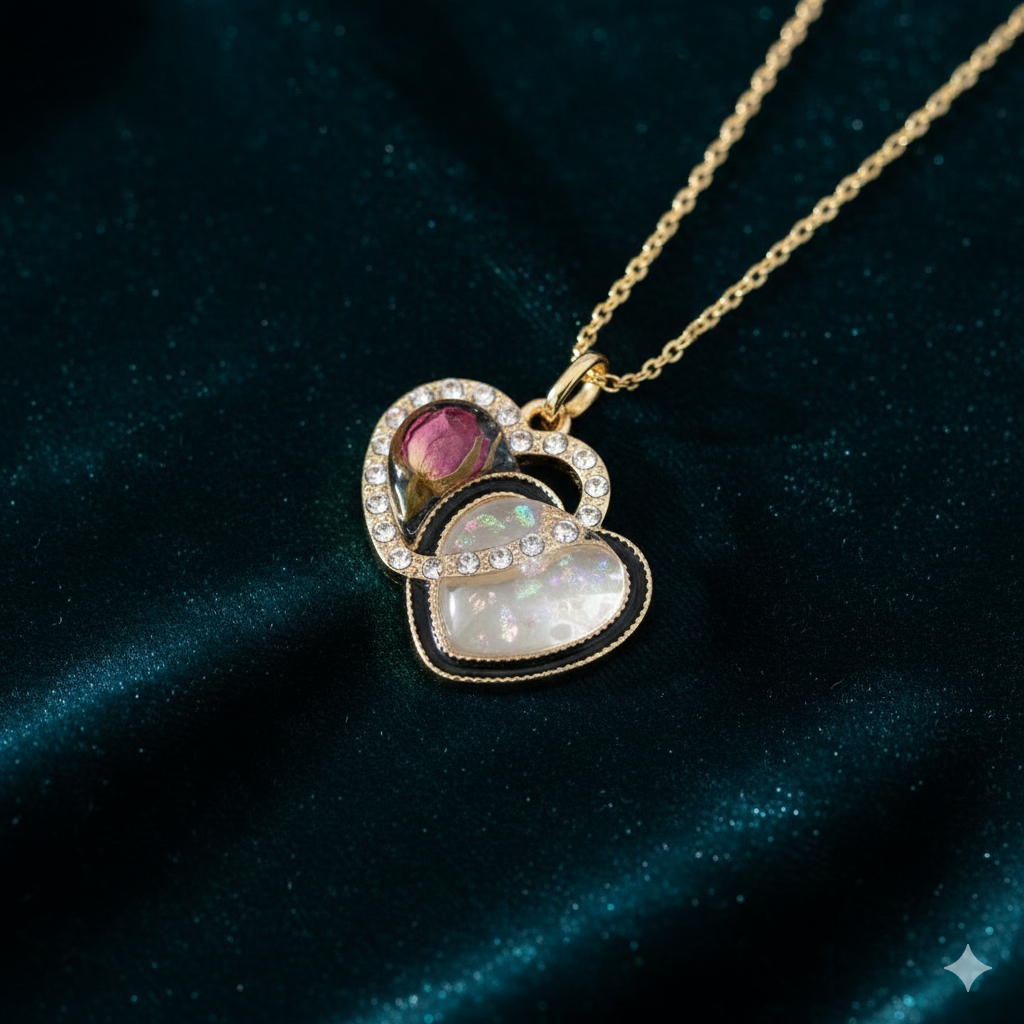 5Pcs Interlinked Heart Charm Bezels With Black Enamel. (RBZ299) (GOLD)