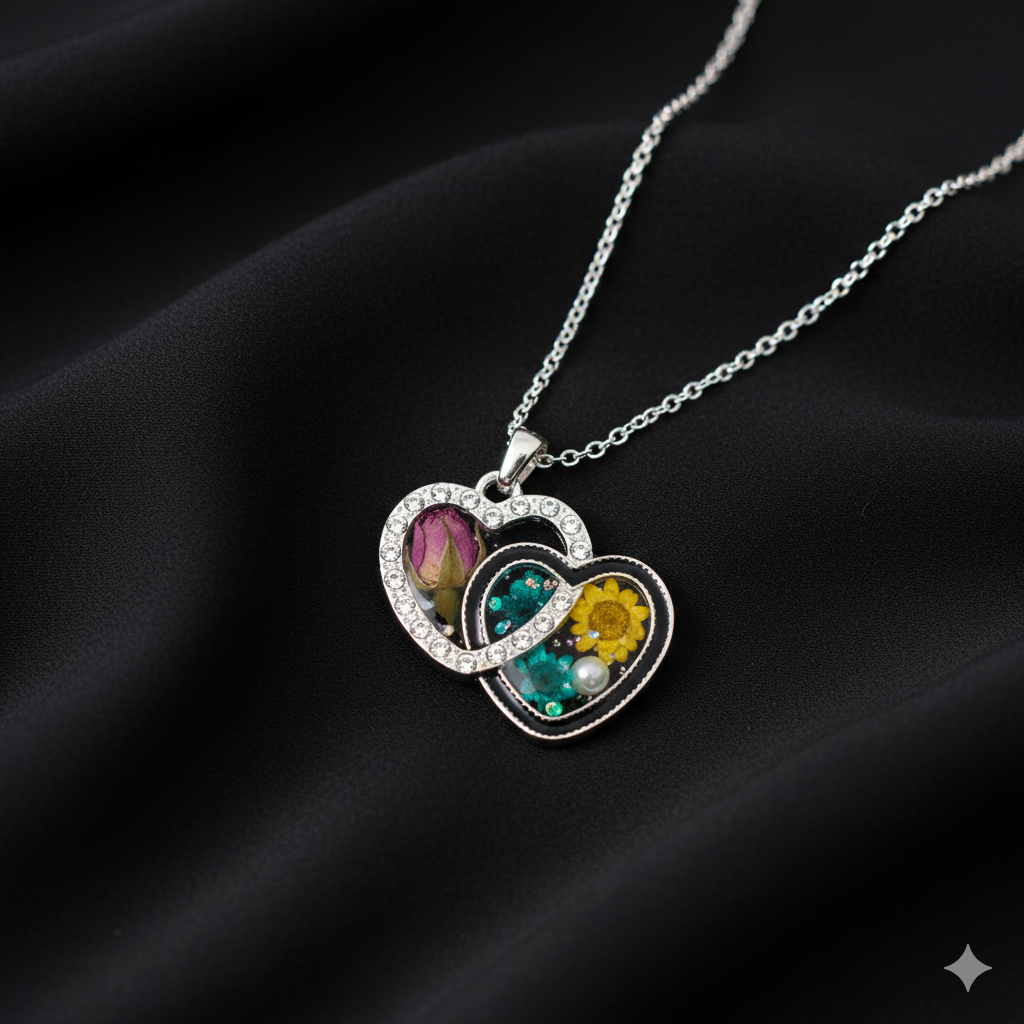 5Pcs Interlinked Heart Charm Bezels With Black Enamel.(RBZ300) (SILVER)