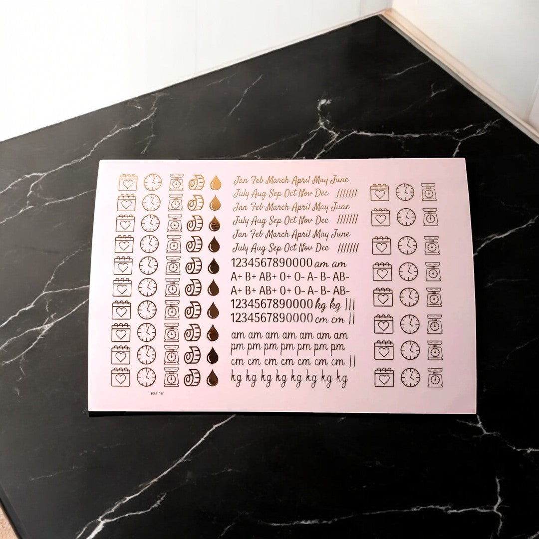 A5 Baby Details Embossed Sticker Sheet.