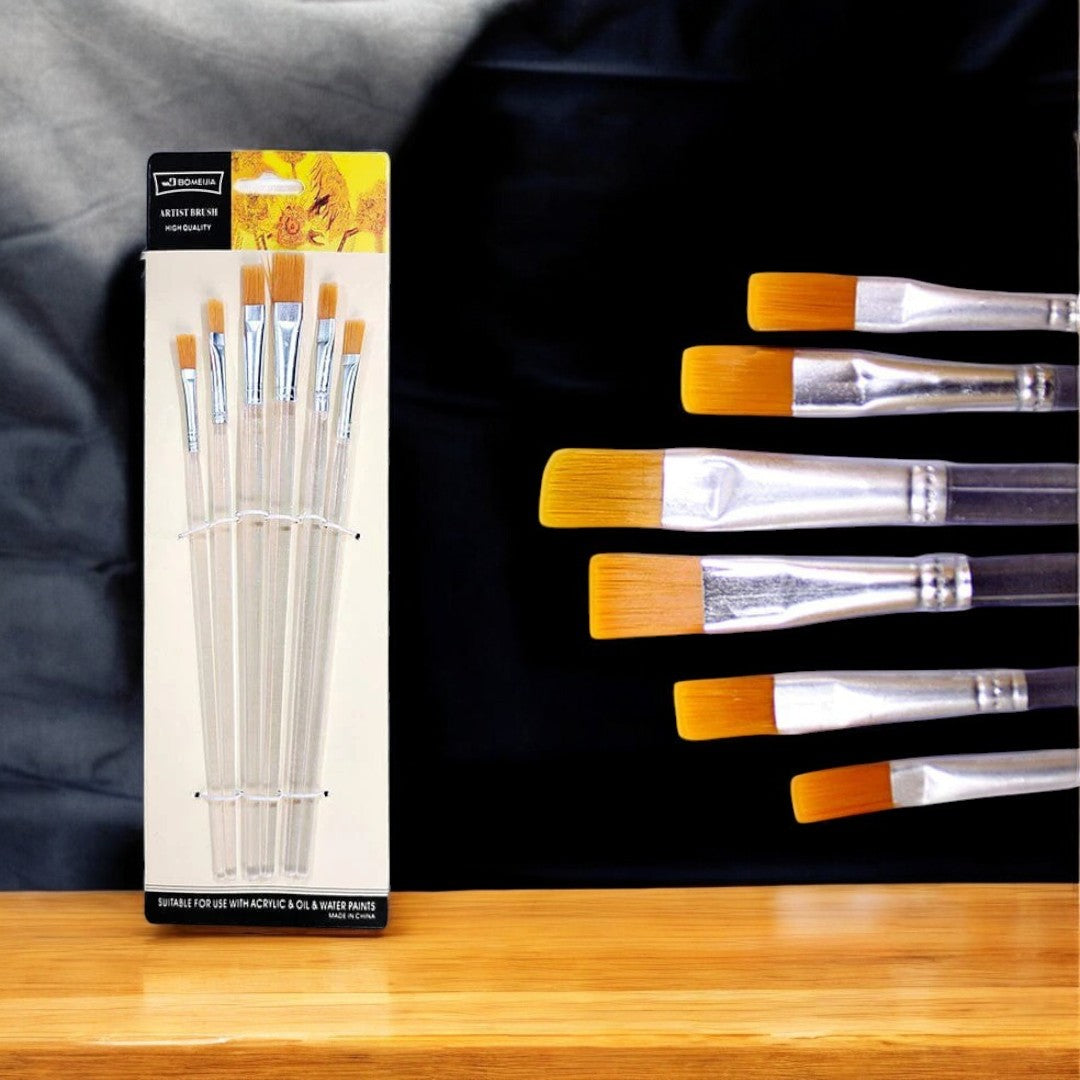 6PC FLAT BRUSH TRANSPARENT HANDLE SET