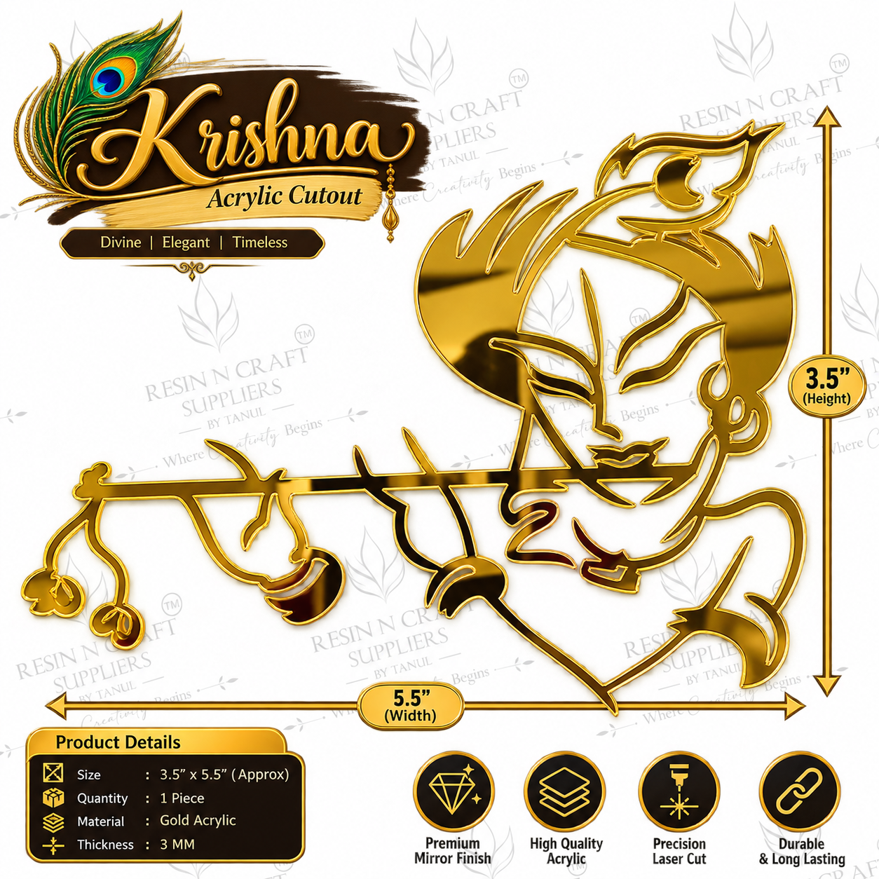 Divine Krishna Gold Acrylic Cutout – 3.5" × 5.5"