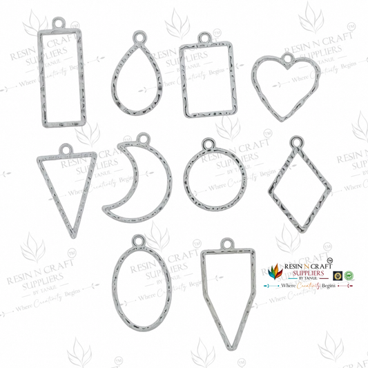 10 in 1 Silver Embossed Open Bezel Set | Mixed Shape UV Resin Pendant Frames | Metal Jewellery Making Charms | 10 Pieces