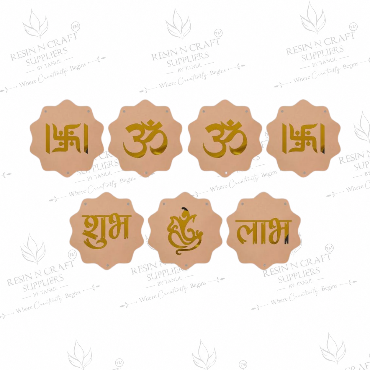 MDF Cutout for Hanging, Latkan & Toran – Pack of 7 | Shubh Labh Om Swastik Ganesh MDF & Golden Acrylic Décor | 3 Sizes – RBT003D