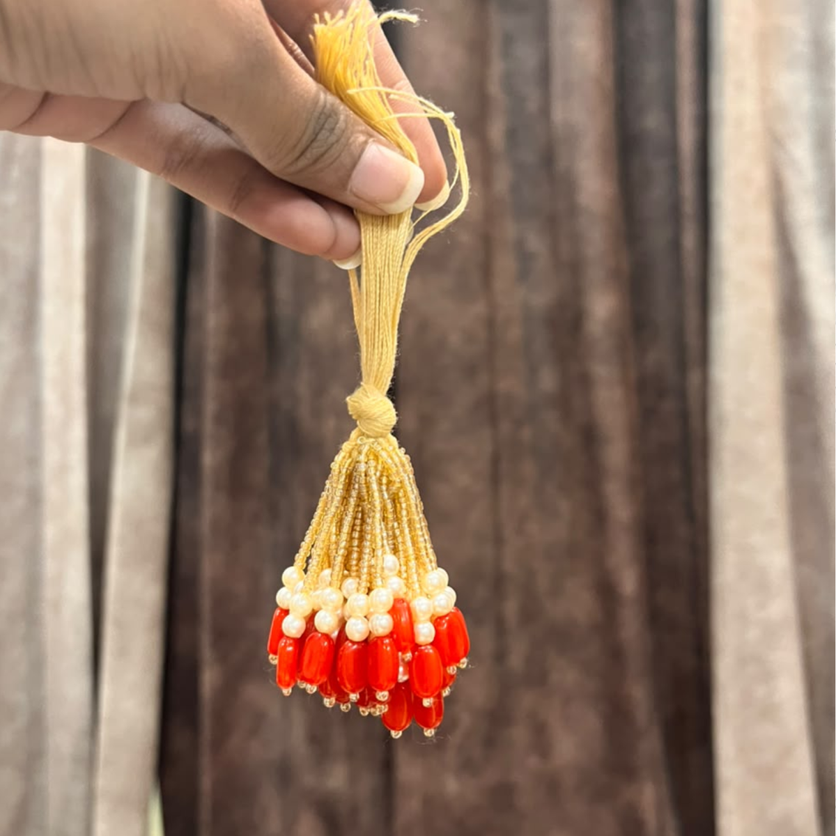 Mala Latkan 10 Pcs Pack – Golden Thread & Red Pearl Beaded Latkan | Toran, Bandhanwar & Craft Decoration