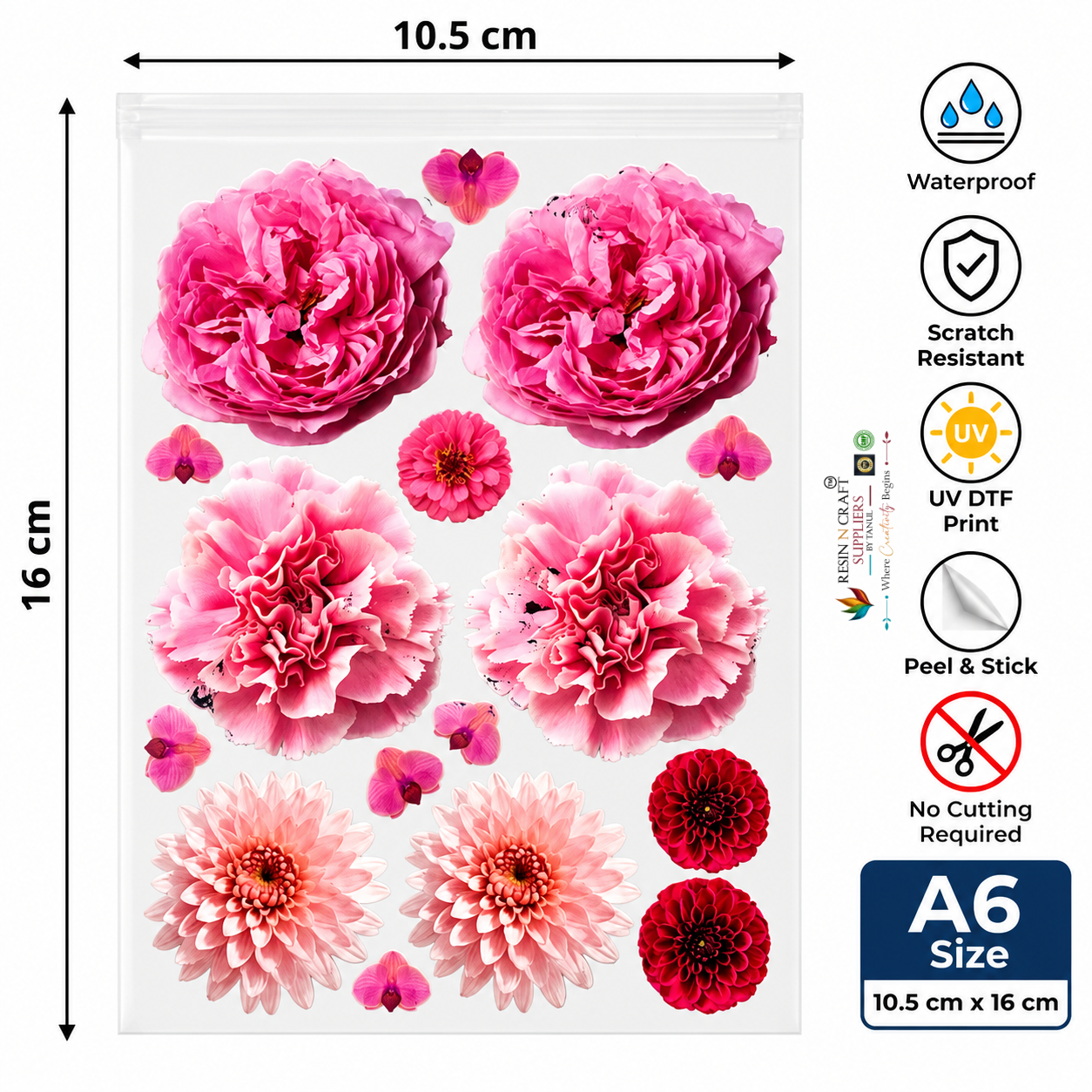 Pink Floral & Rose Peel & Stick UV DTF Sticker Sheet A6 – Flower Stickers for Bottles, Tumblers & DIY Crafts | UVS-149