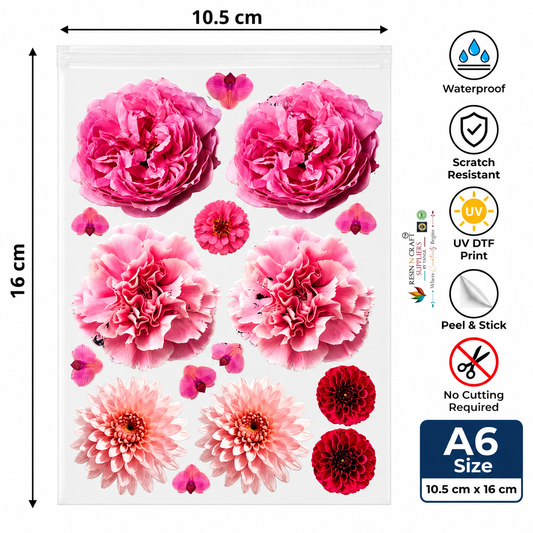 Pink Floral & Rose Peel & Stick UV DTF Sticker Sheet A6 – Flower Stickers for Bottles, Tumblers & DIY Crafts | UVS-149