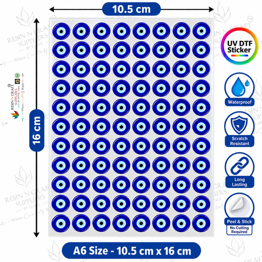 Blue Evil Eye Nazar Peel & Stick UV DTF Sticker Sheet A6 – Waterproof Eye Stickers for Bottles, Tumblers & DIY Crafts | UVS-156