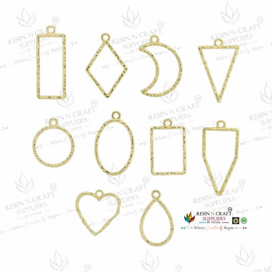 10 in 1 Gold Embossed Open Bezel Set | Mixed Shape UV Resin Pendant Frames | Metal Jewellery Making Charms | 10 Pieces