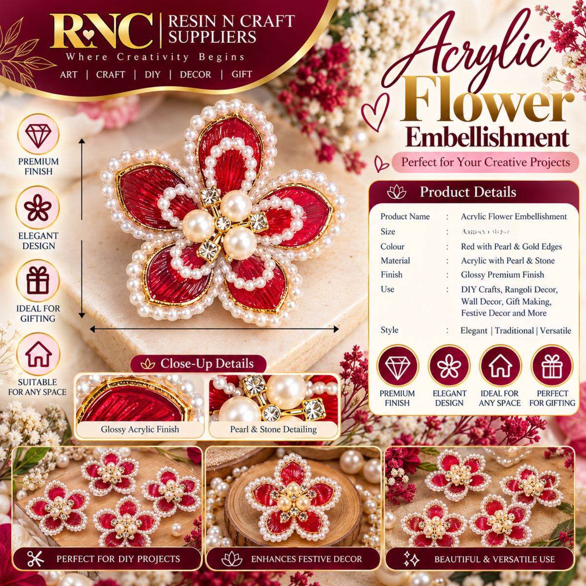 Big Designer Acrylic Flower Embellishment – Premium Decorative Craft Accessory / Colourful Plastic Flower