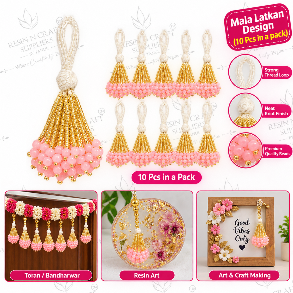 Mala Latkan 10 Pcs Pack – Golden Thread & Pink Beaded Latkan | Toran, Bandhanwar & Craft Decoration