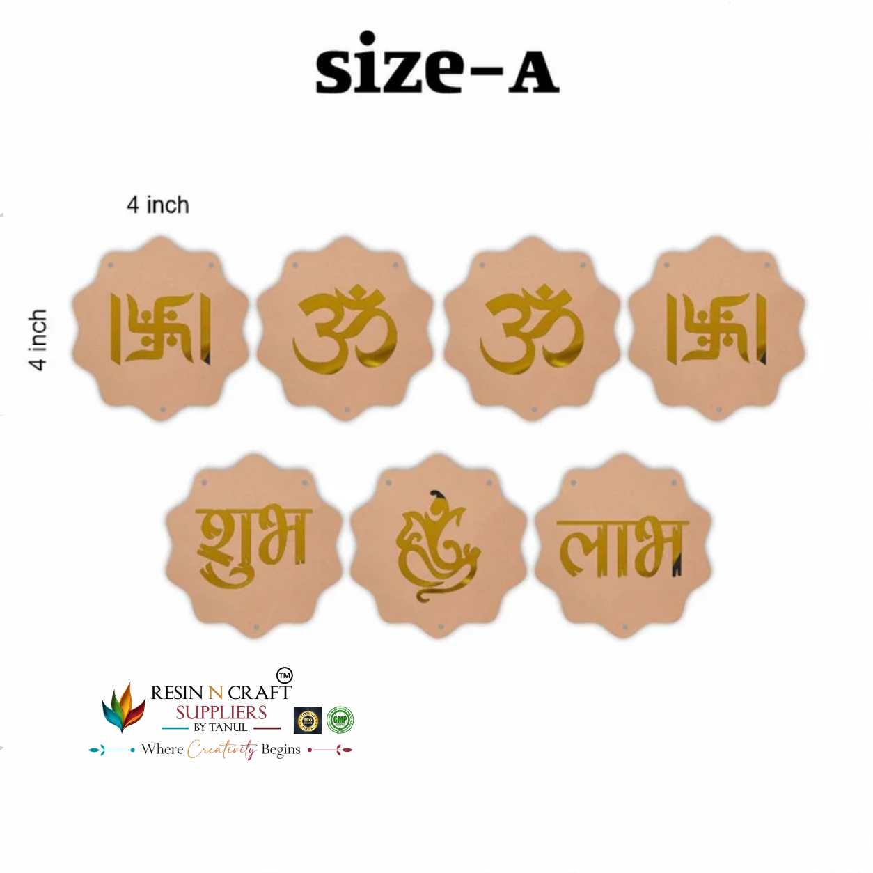 MDF Cutout for Hanging, Latkan & Toran – Pack of 7 | Shubh Labh Om Swastik Ganesh MDF & Golden Acrylic Décor | 3 Sizes – RBT003D
