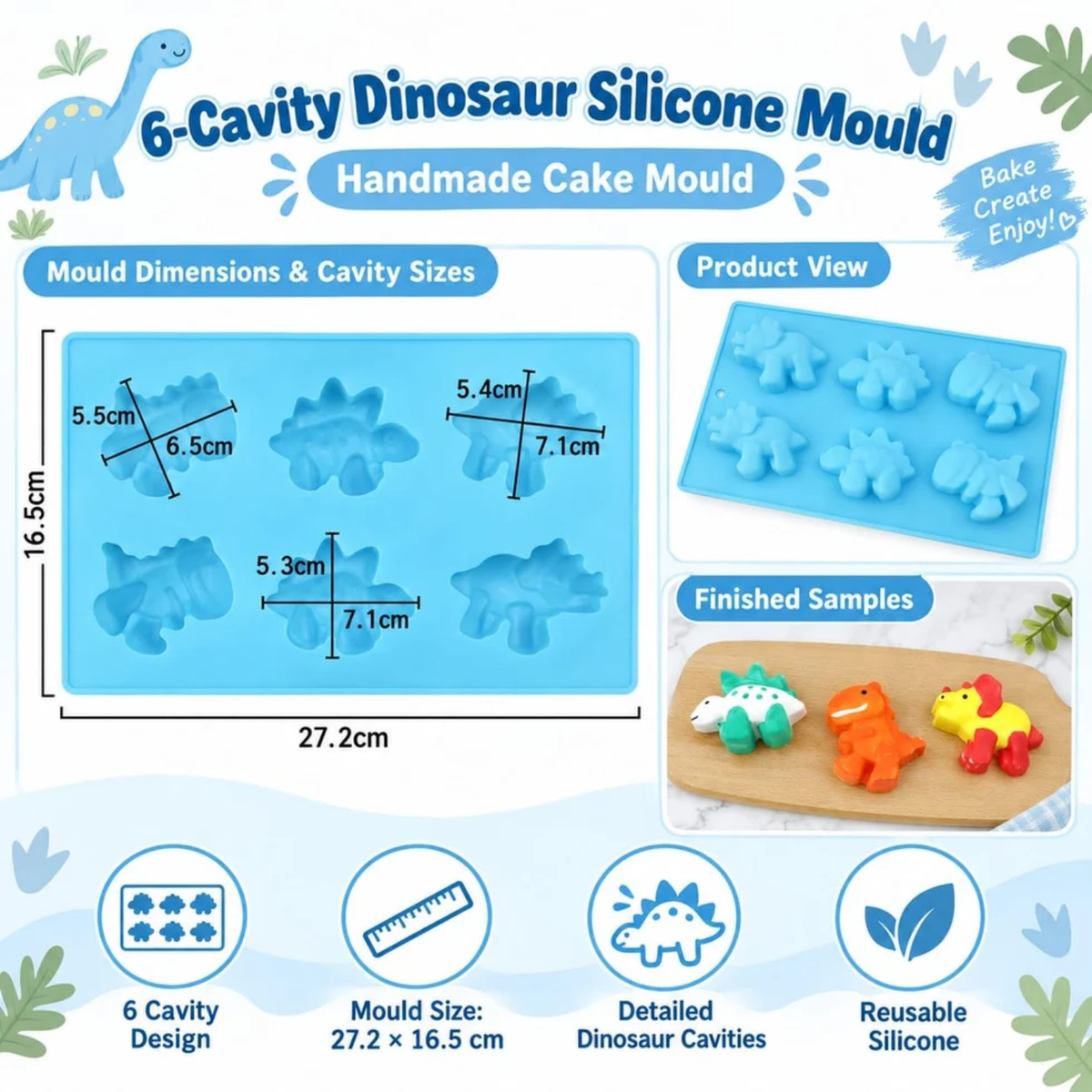 6-Cavity Dinosaur Silicone Mould – 27.2 × 16.5 CM | Assorted Dinosaur Designs (RSM1498M)