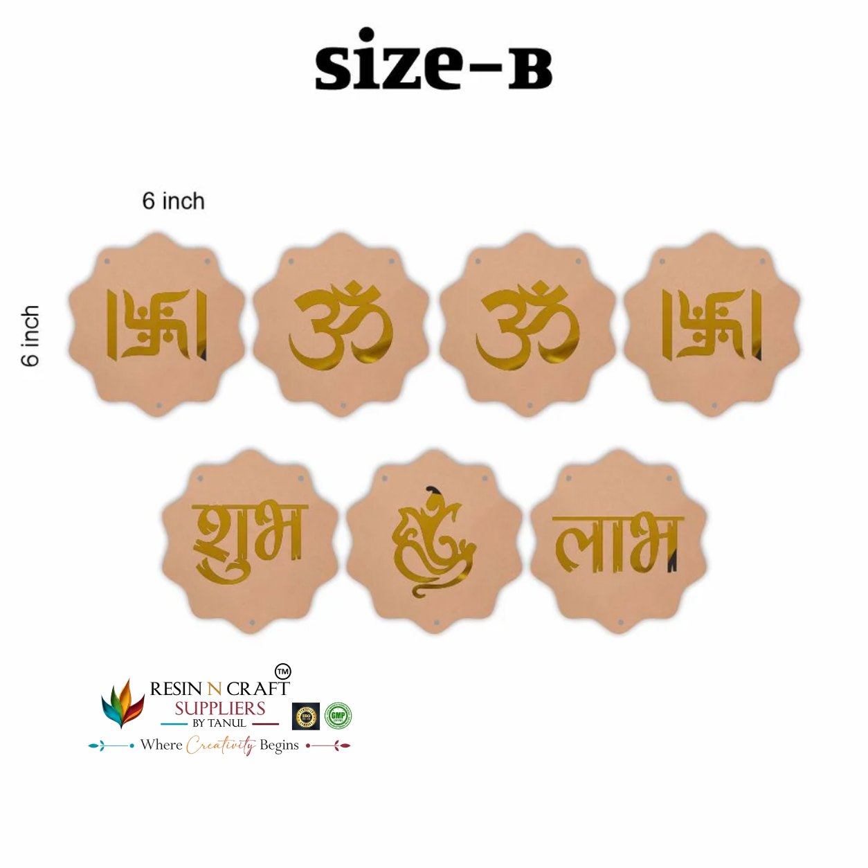 MDF Cutout for Hanging, Latkan & Toran – Pack of 7 | Shubh Labh Om Swastik Ganesh MDF & Golden Acrylic Décor | 3 Sizes – RBT003D