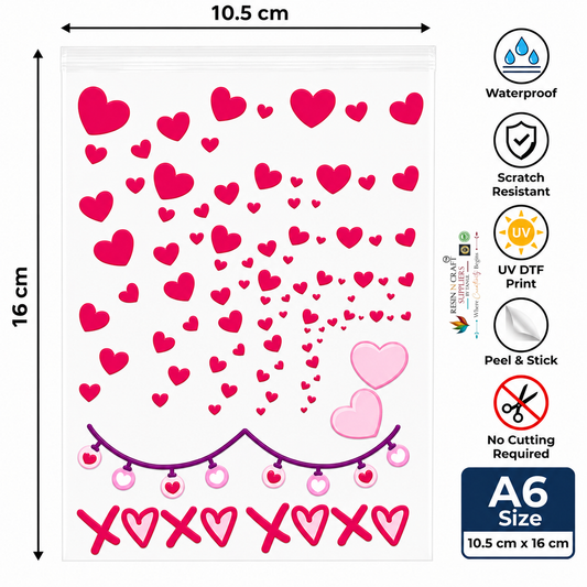 Pink Heart Love Peel & Stick UV DTF Sticker Sheet A6 – Heart Stickers for Tumblers, Bottles, Mugs & DIY Crafts | UVS-194