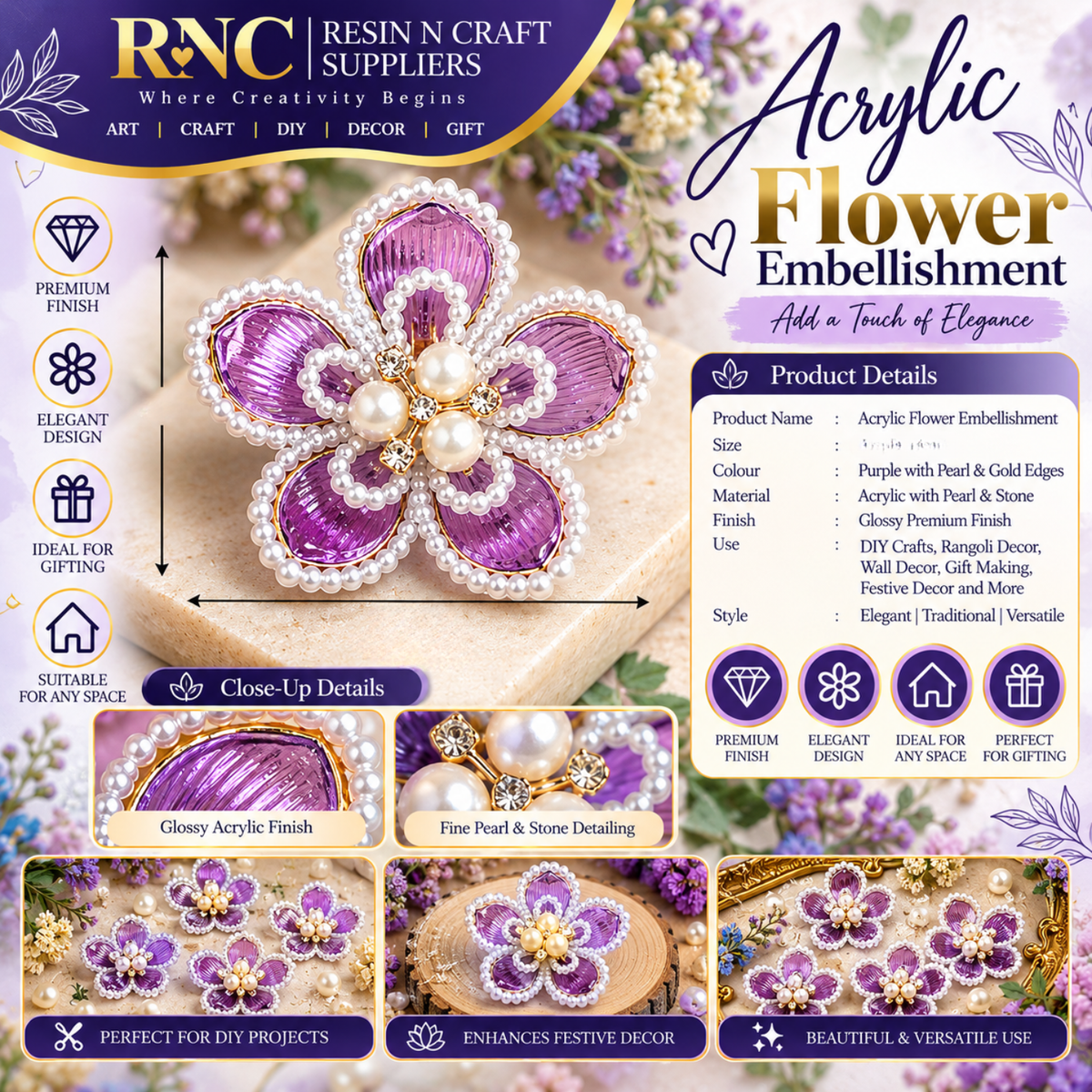 Big Designer Acrylic Flower Embellishment – Premium Decorative Craft Accessory / Colourful Plastic Flower