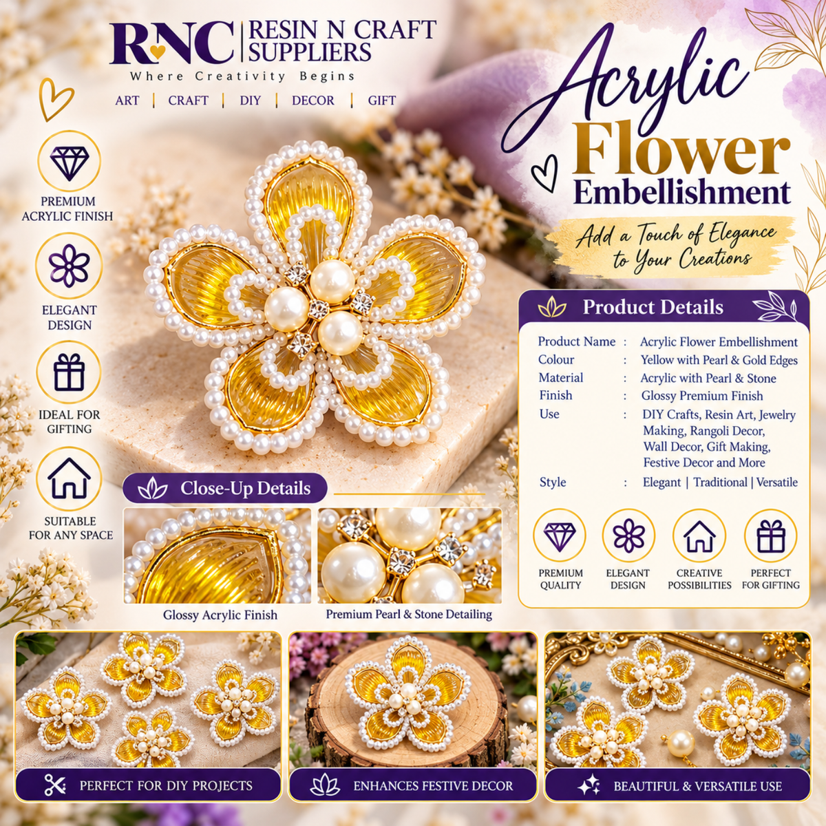 Big Designer Acrylic Flower Embellishment – Premium Decorative Craft Accessory / Colourful Plastic Flower