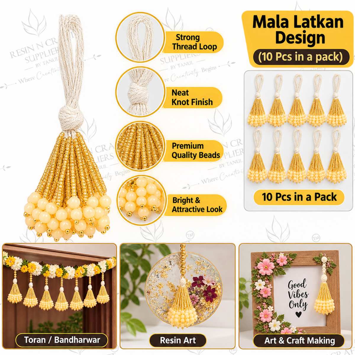Mala Latkan 10 Pcs Pack – Golden & Cream Beaded Latkan | Toran, Bandhanwar & Craft Decoration