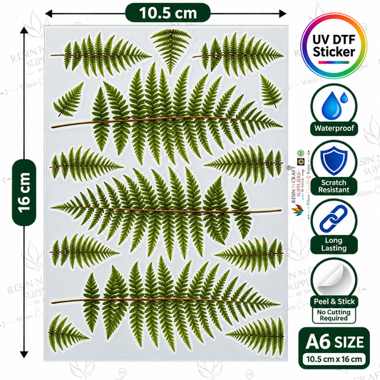Green Fern Leaf Peel & Stick UV DTF Sticker Sheet A6 – Botanical Leaf Stickers for Bottles, Tumblers & DIY Crafts | UVS-147