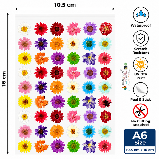 Multicolor Flower Peel & Stick UV DTF Sticker Sheet A6 – Floral Stickers for Bottles, Tumblers, Mugs & DIY Crafts | UVS-190