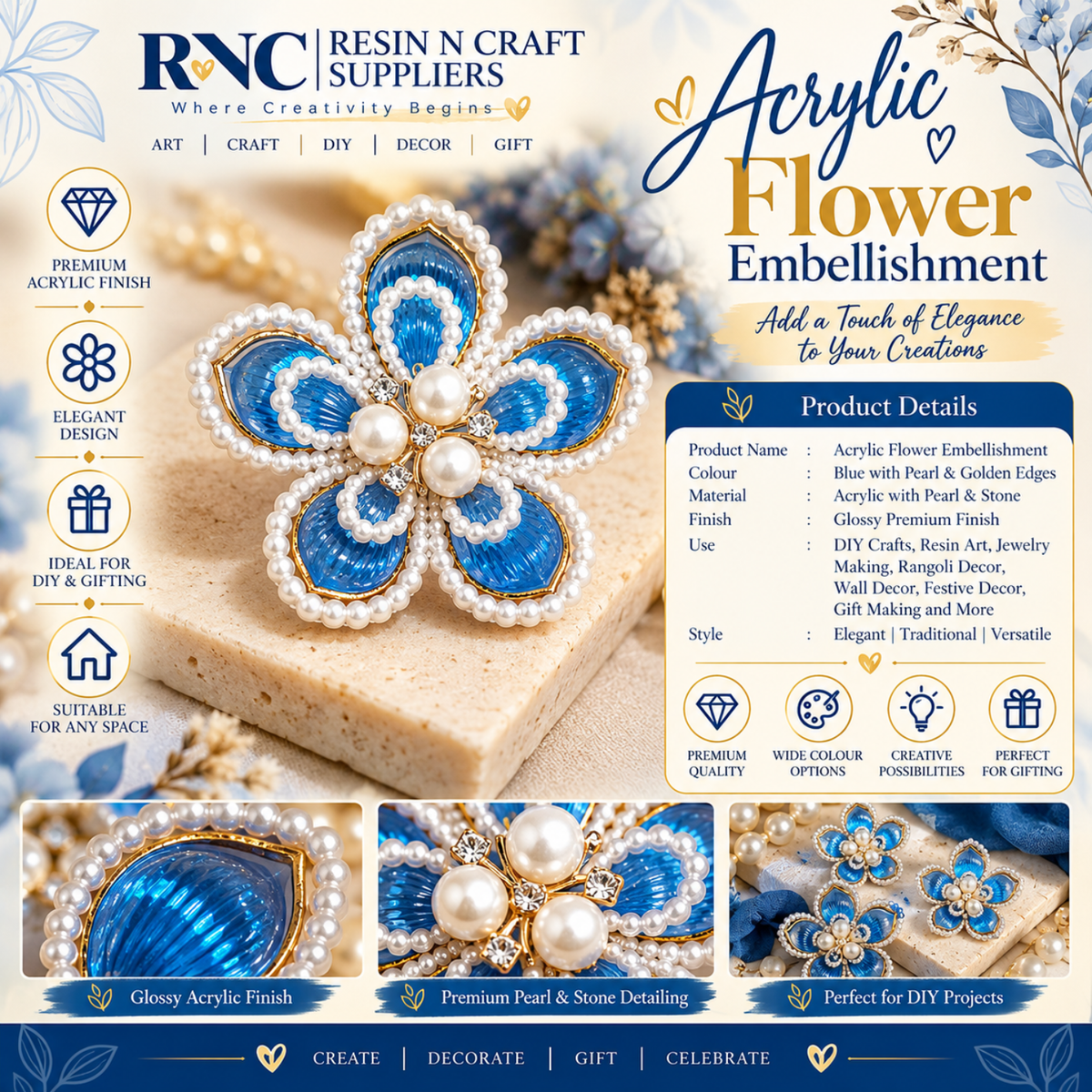 Big Designer Acrylic Flower Embellishment – Premium Decorative Craft Accessory / Colourful Plastic Flower