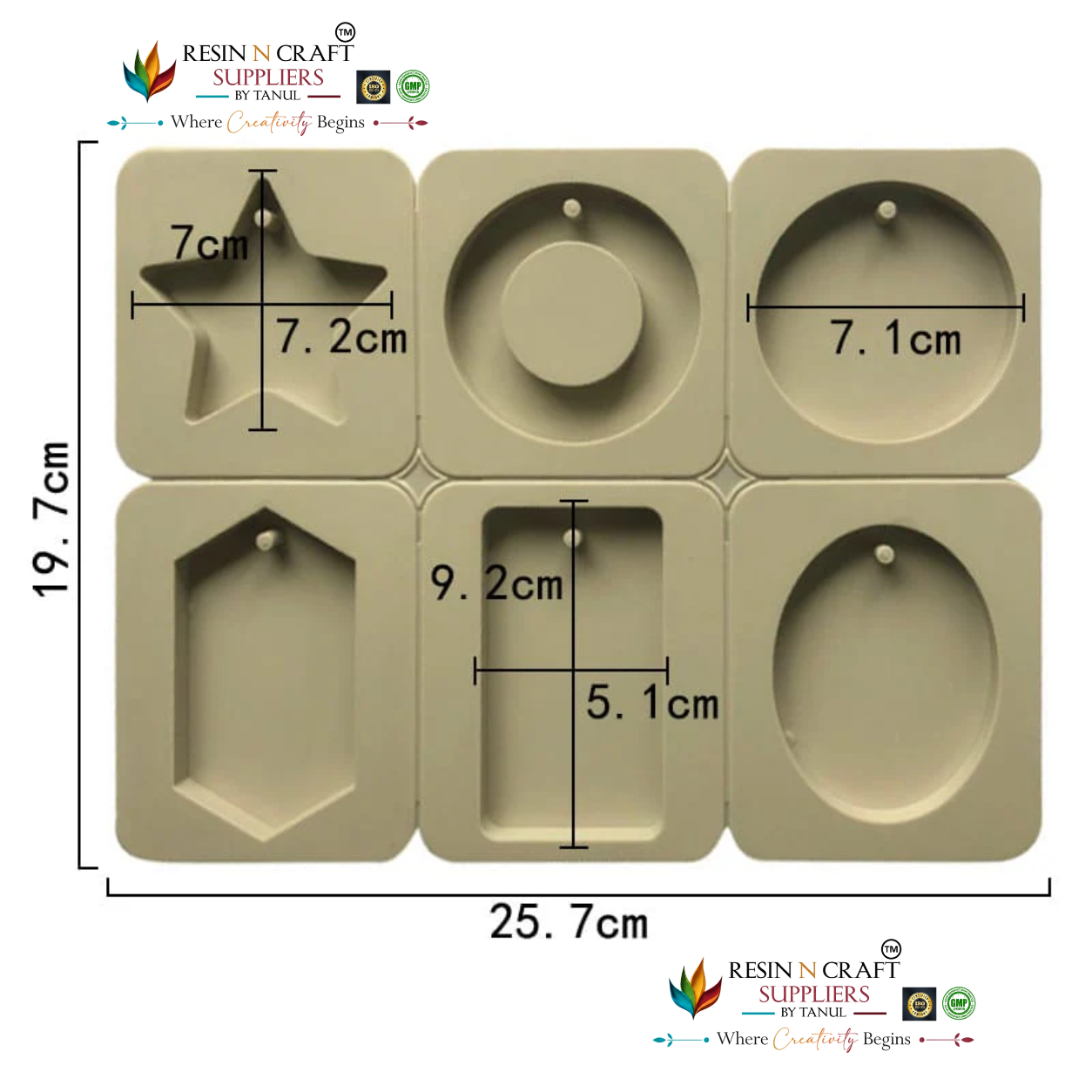 6-Cavity Mixed Shape Star Circle Hexagon & Rectangle Hanging Tag Mould for DIY Concrete Art, Scented Wax Sachets, Resin Crafts, Soap Making & Cake Making Silicone Mould (RSM1456M)