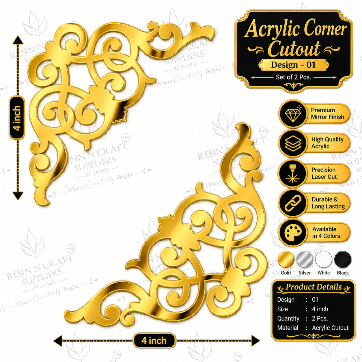 Acrylic Corner Cutout – Design 01 | Premium Gold Decorative Corner Set