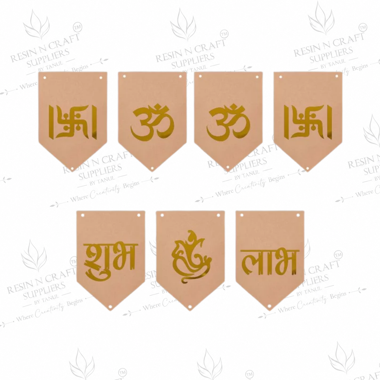 MDF Shubh Labh Toran Cutout Pack of 7 | Om, Swastik & Ganesh Hanging Décor | DIY Latkan & Door Hanging – RBT004D
