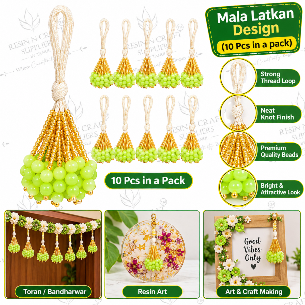 Mala Latkan 10 Pcs Pack – Green Beaded Golden Latkan | Toran, Bandhanwar & DIY Craft Decoration