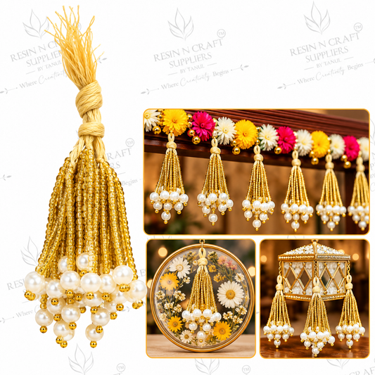Golden Pearl Latkan Pack of 10 | Gold Bead Mala Tassels for Toran, Bandhanwar & Resin Art
