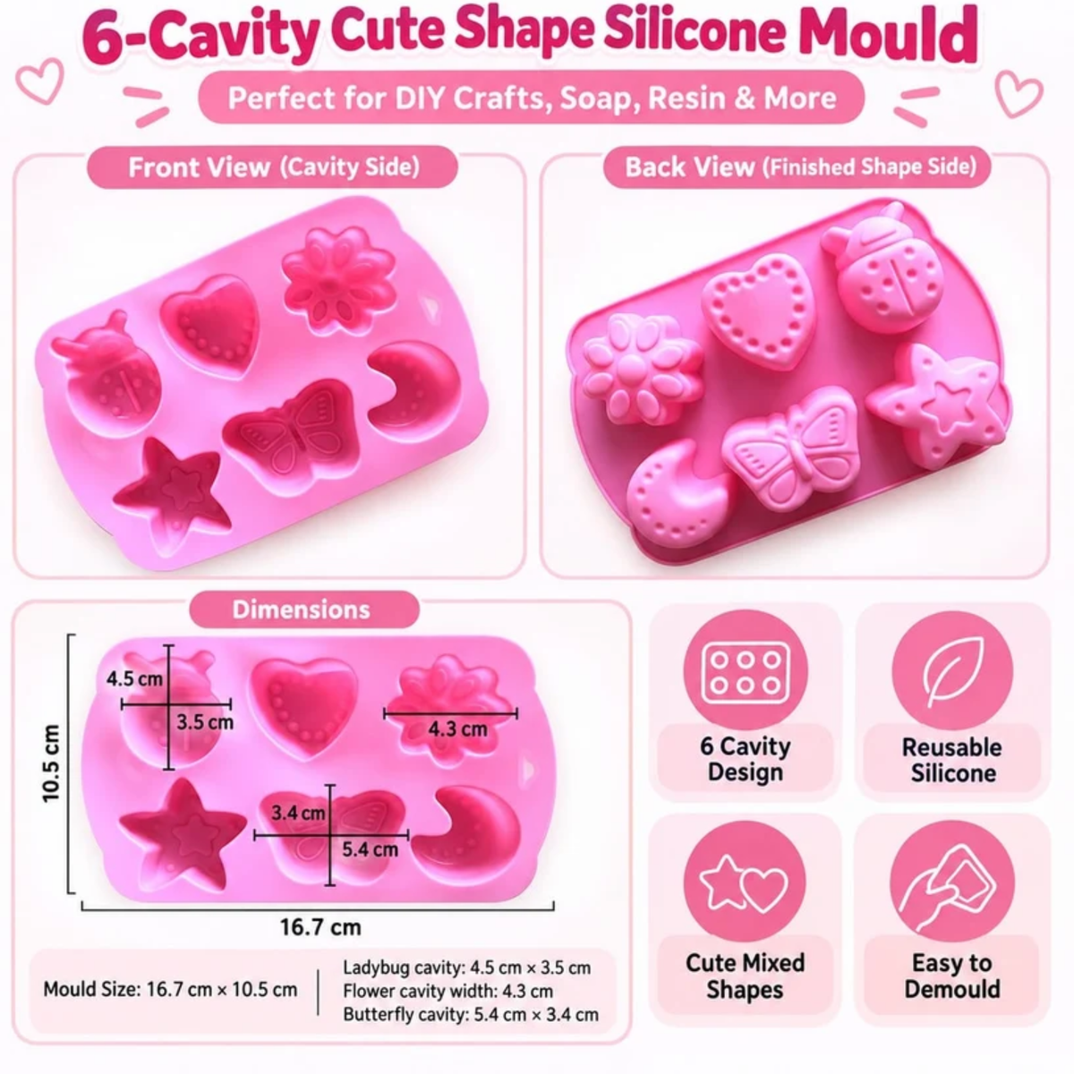 6-Cavity Cute Shape Silicone Mould for Concrecast Art – 16.7 × 10.5 CM | Mixed Shape Design (RSM1494M)