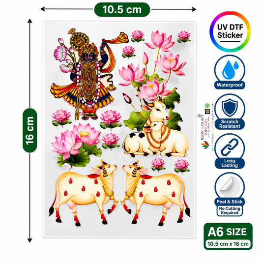 Colourful Krishna, Cow & Lotus UV DTF Sticker Sheet – A6 | Peel & Stick Waterproof Religious Stickers | UVS-186
