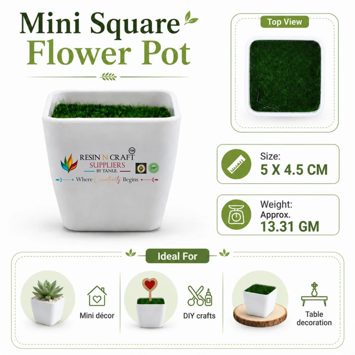 Mini Square Flower Pot with Artificial Grass – 5 × 4.5 CM | Small Planter Pot for DIY Crafts & Décor
