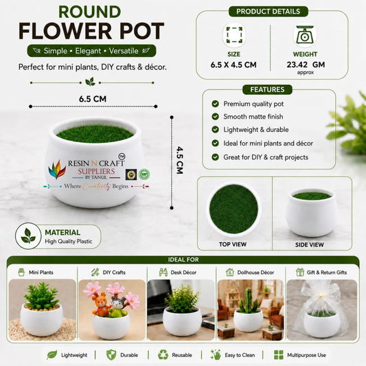 Mini Round Flower Pot with Artificial Grass – 6.5 × 4.5 CM | Small Planter Pot for DIY Crafts & Décor