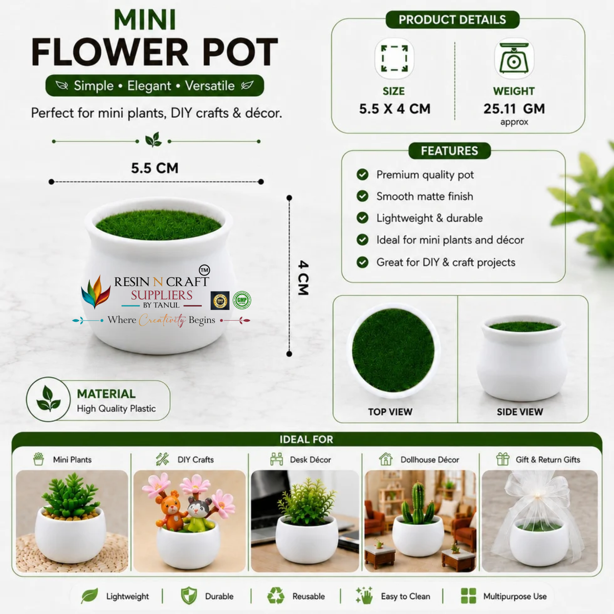 Mini White Flower Pot with Artificial Grass – 5.5 × 4 CM | Small Planter Pot for DIY Crafts & Décor