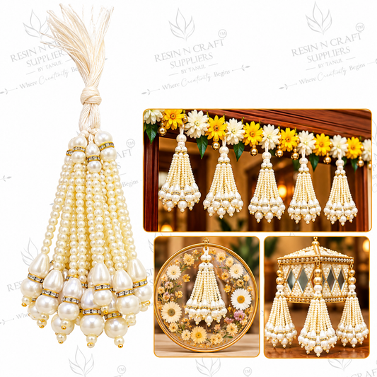 White Pearl Latkan Pack of 10 | Golden Stone Bead Mala Tassels for Toran, Bandhanwar & Resin Art