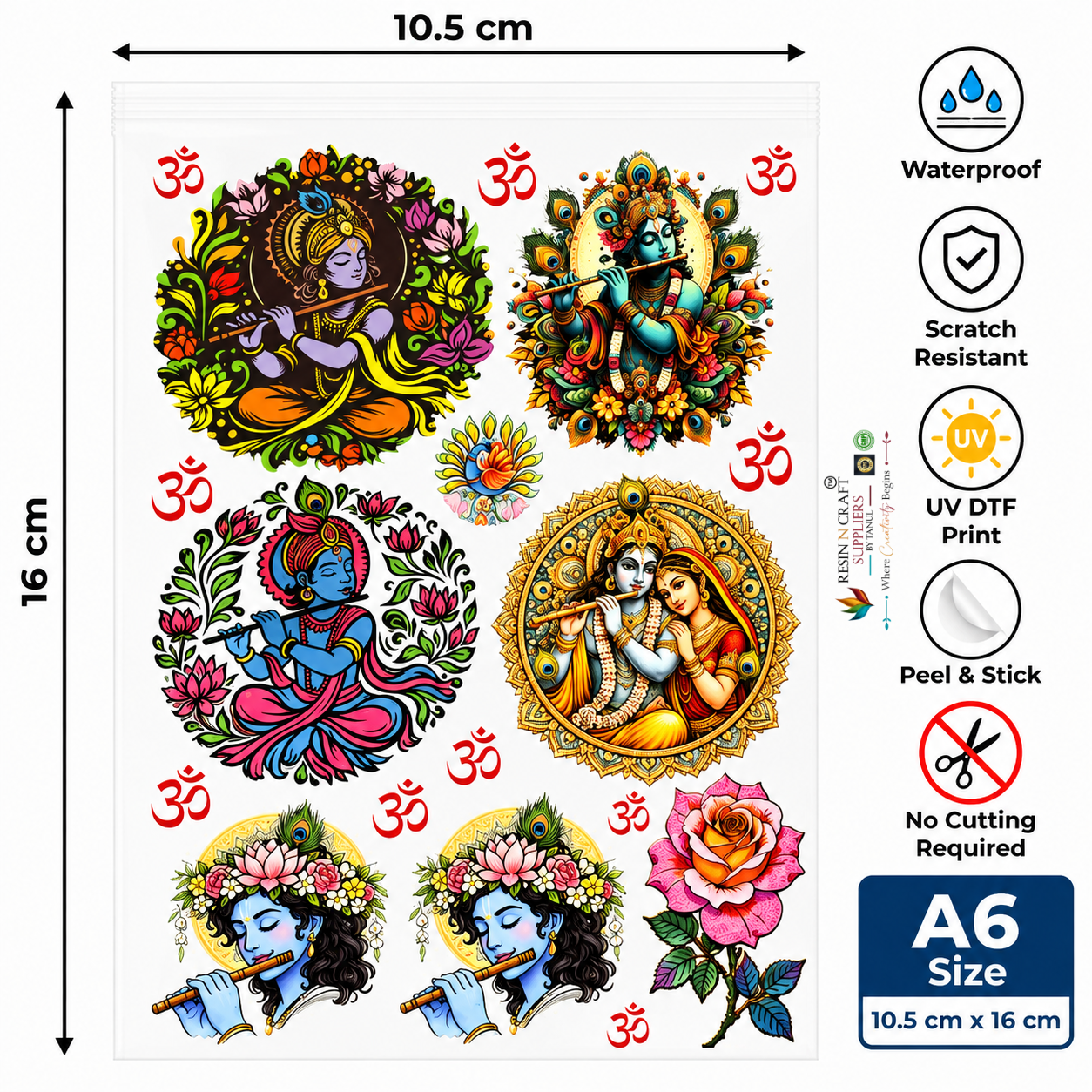 Color Peel & Stick UV DTF Sticker Sheet A6 – Krishna, Radha & Floral Designs | UVS-185