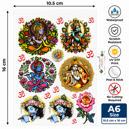 Color Peel & Stick UV DTF Sticker Sheet A6 – Krishna, Radha & Floral Designs | UVS-185