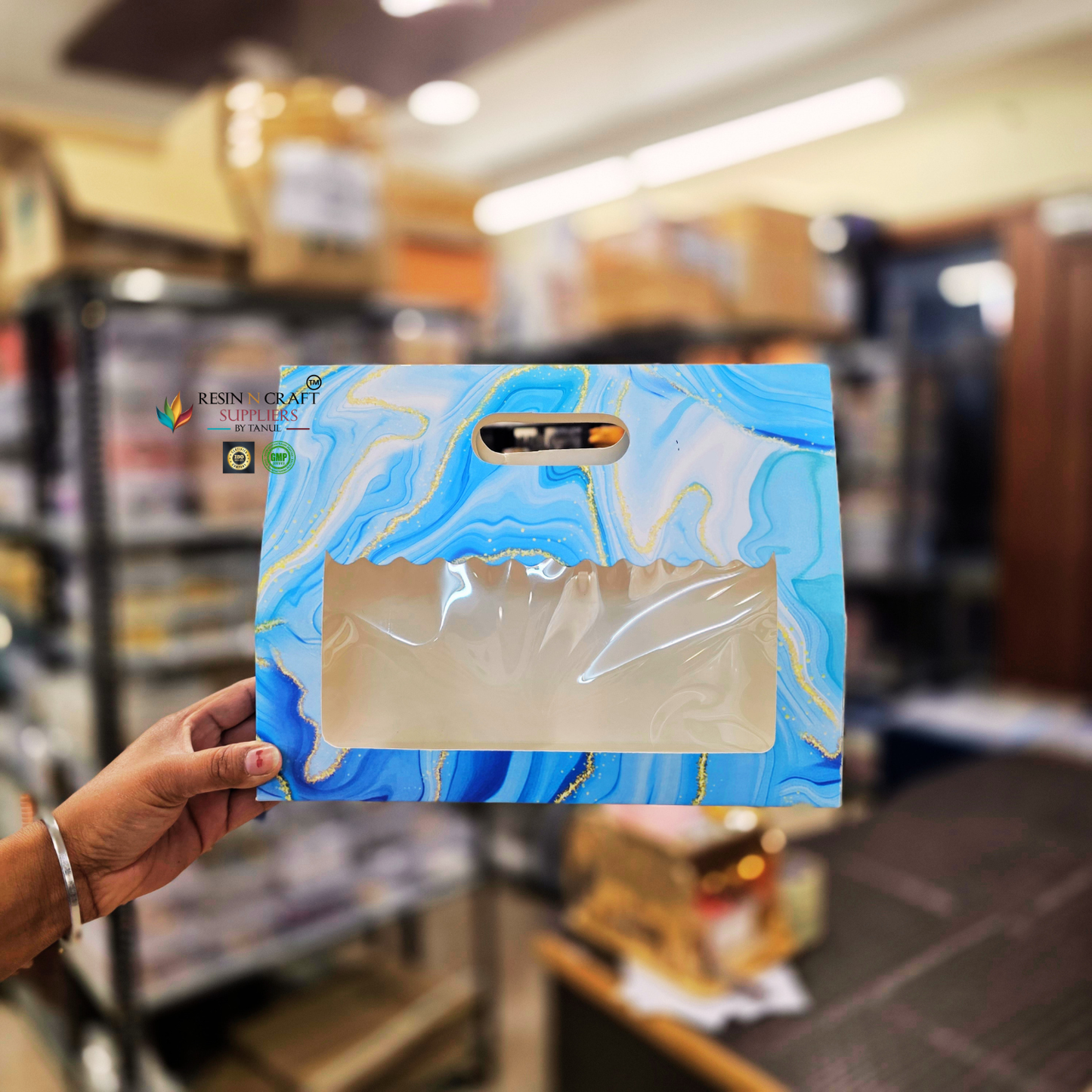Premium Marble Print Card Paper Bag Style Gift Hamper Box with Window & Handle | 3 Jar Packaging Box