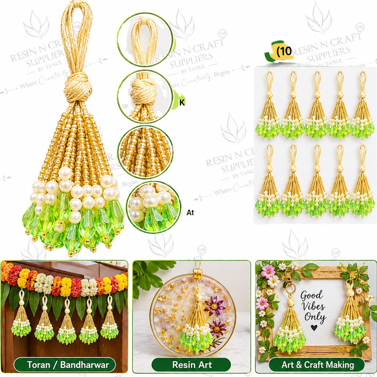 Green Crystal Mala Latkan 10 Pcs Pack – Golden Beaded Hanging Tassels for Toran, Bandhanwar & Resin Art