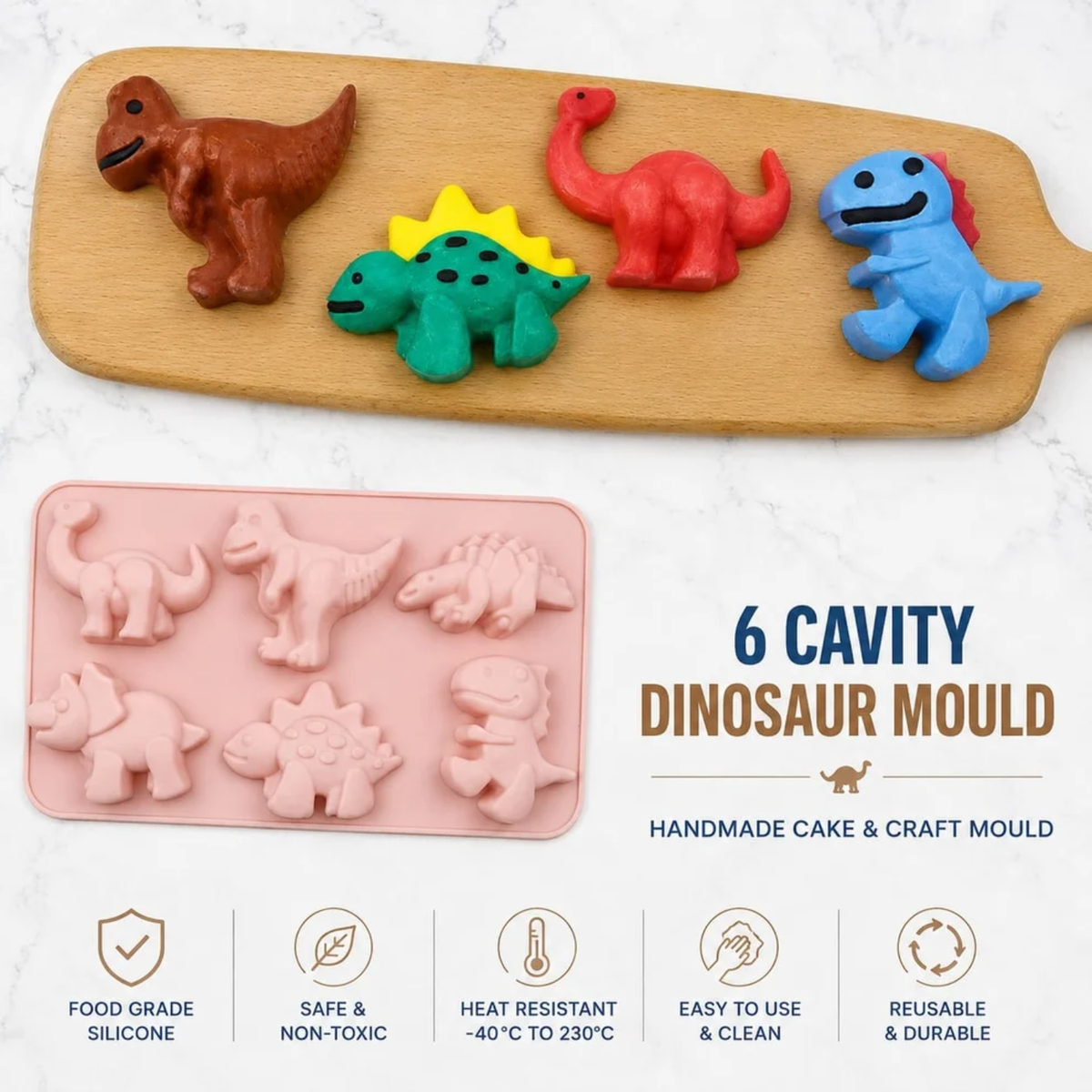 6-Cavity Dinosaur Silicone Mould for Concrecast Art – 27.2 × 16.5 CM | Assorted Dinosaur Designs (RSM1493M)