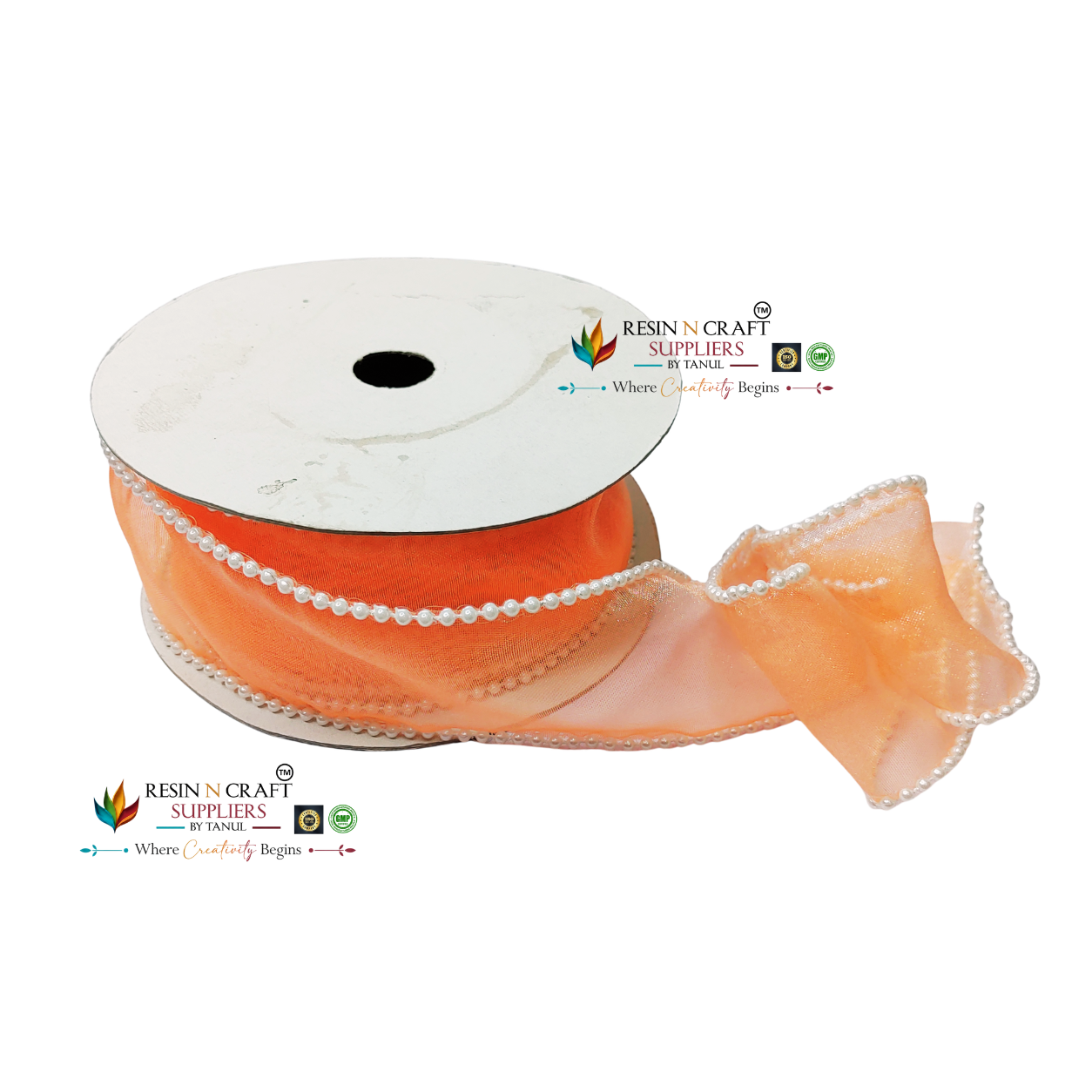 Premium Pearl Edge Net Ribbon Roll – Peach | 9 Meter Roll | 2 Inch (5 CM) Width