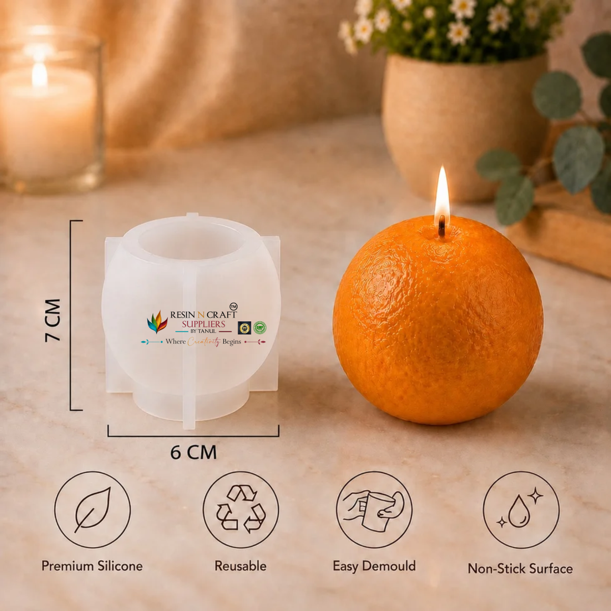 Orange Shape Silicone Candle Mould – 6 × 7 cm | DIY Fruit Candle Making (RIHM031M)