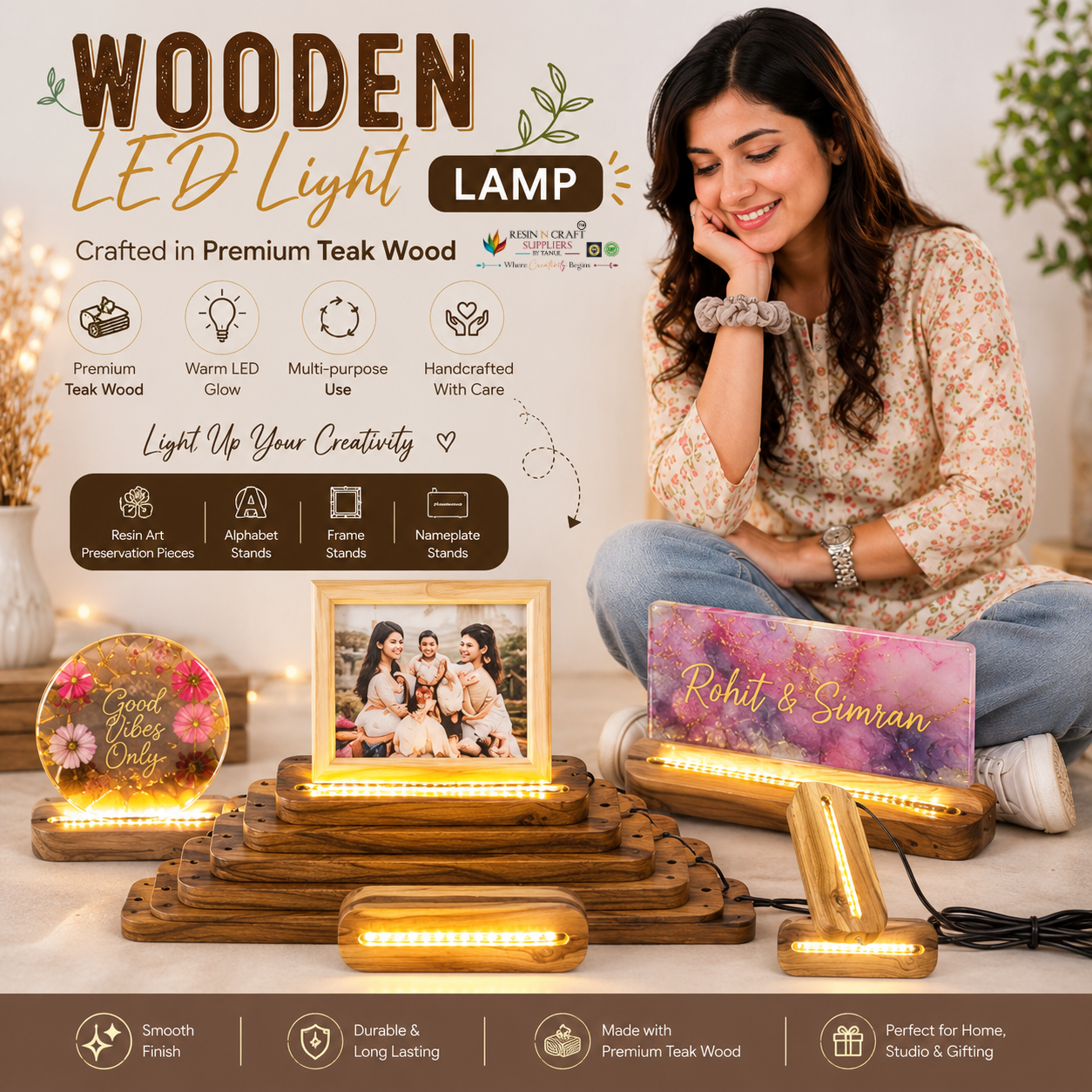 Wooden LED Light Lamp Stand – Premium TeakWood