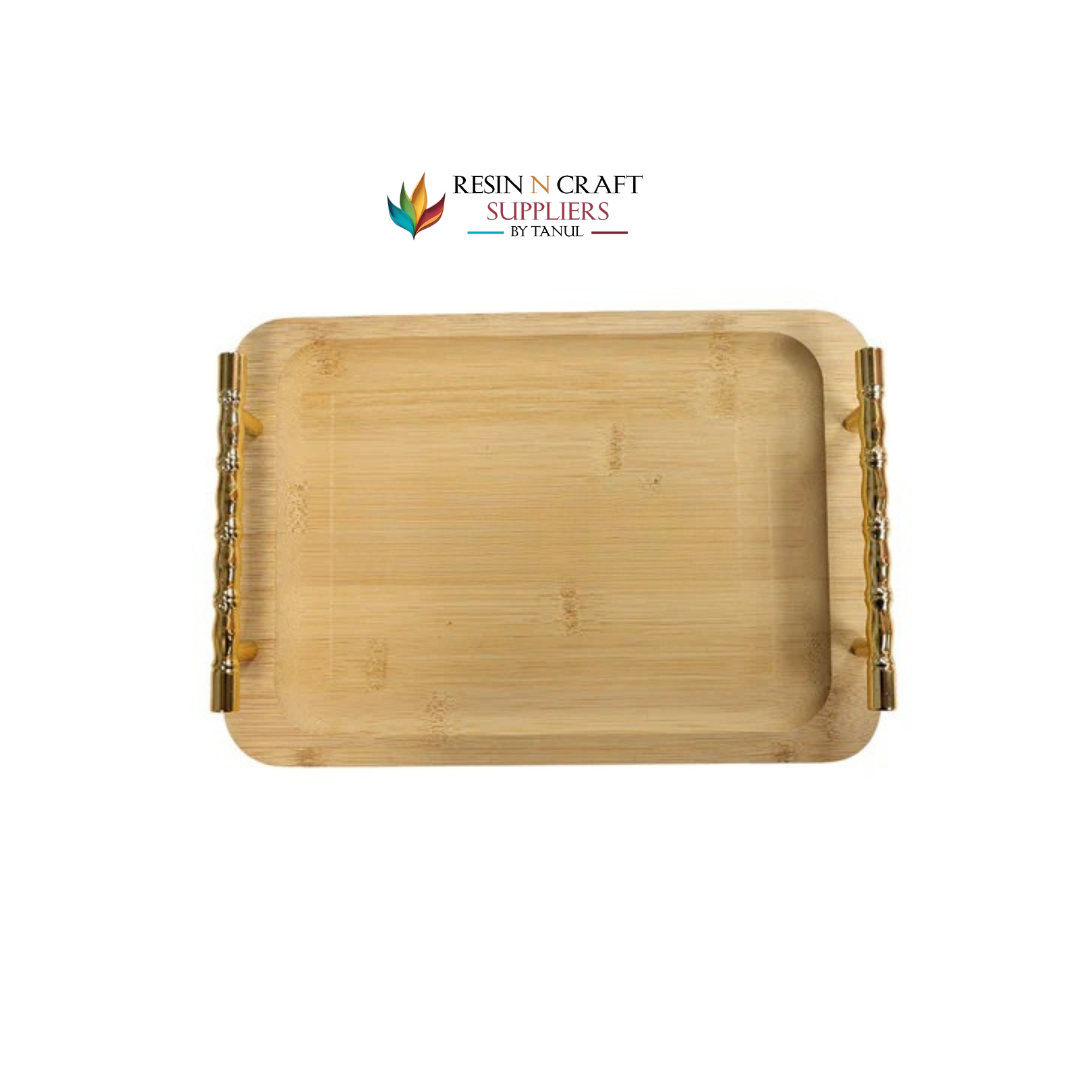 Rectangle Wooden Tray With Golden Branch Handles (Design 1)