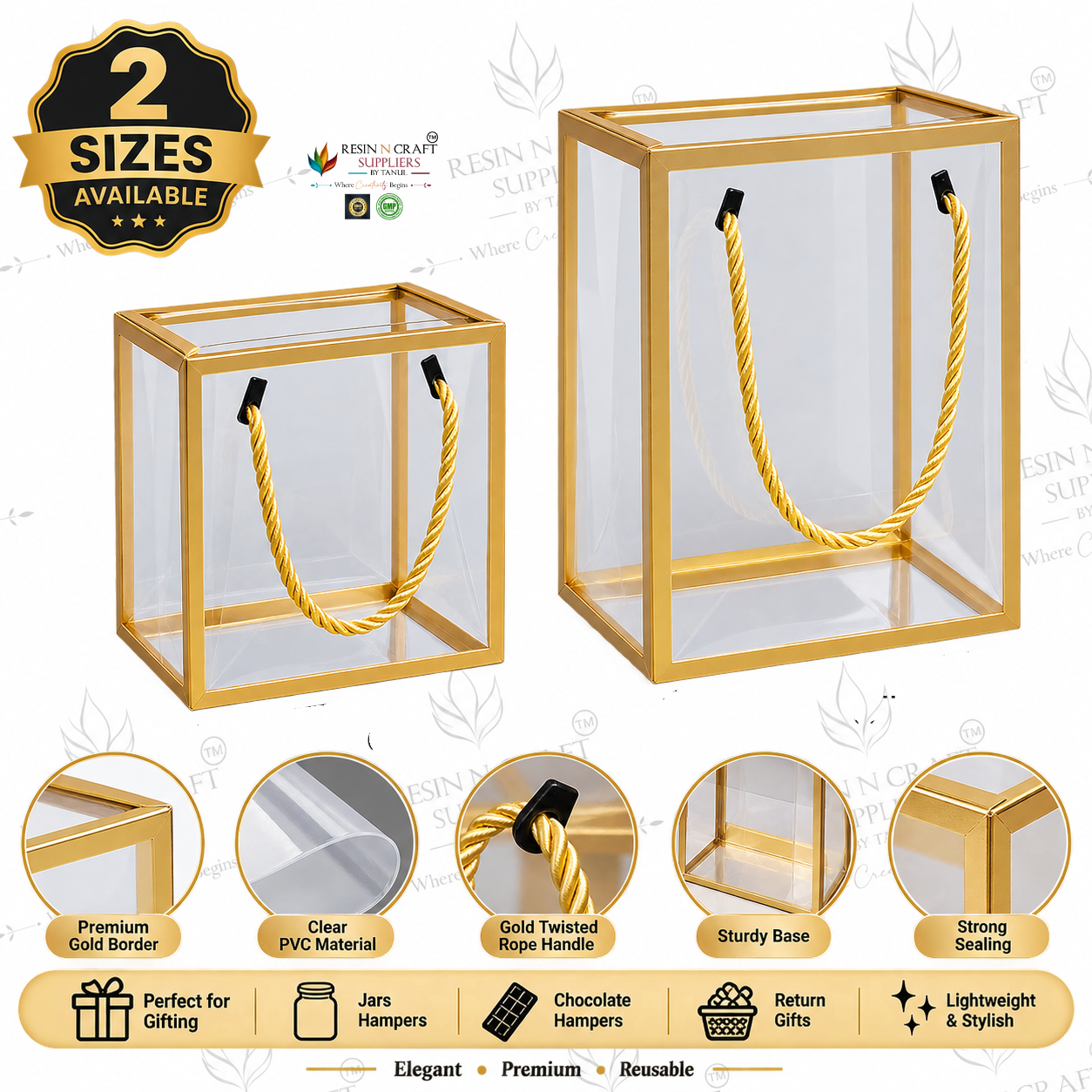 Transparent Gift Bag with Gold Border & Rope Handle | Clear PVC Hamper Packaging Box – 2 Sizes