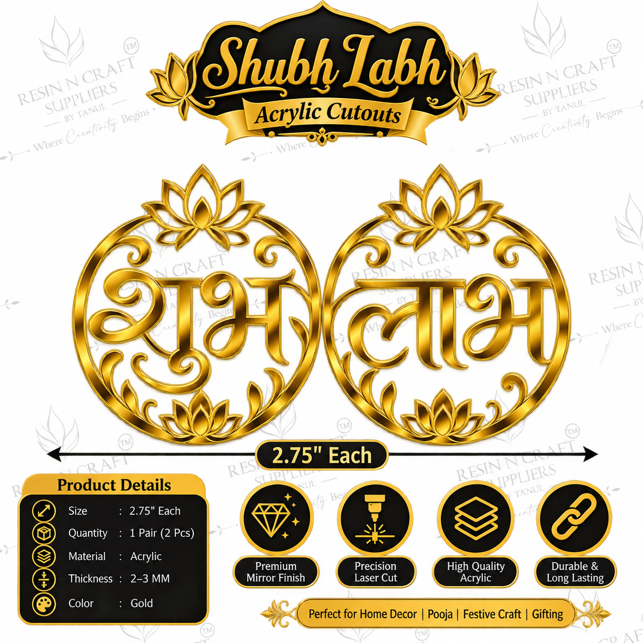 Shubh Labh Gold Acrylic Cutout – Premium Festive Décor Pair