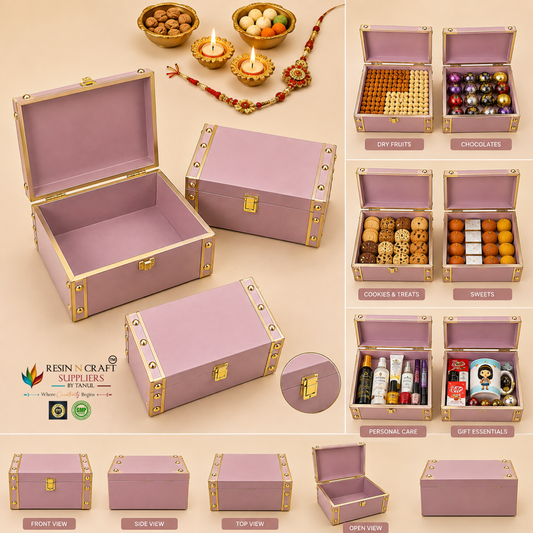 Premium Luxury Festive Hamper Box | Metal Corner Gift Box Trunk – 8 × 9.5 × 4 Inch | Blush Pink