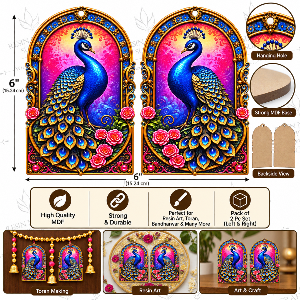 Peacock MDF Cutout Pair 6×6 Inch – Pack of 2 | Left & Right Peacock Design for Resin Art, Toran, Bandhanwar & Décor